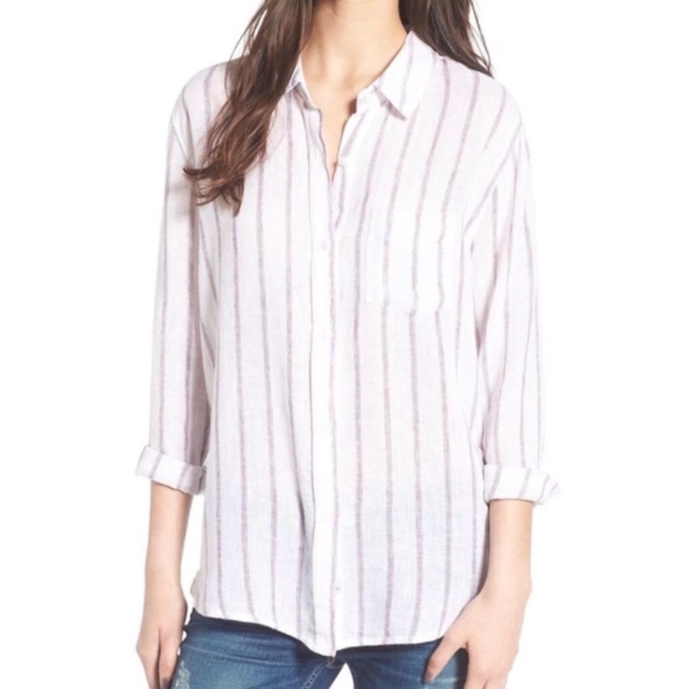 Rails Charli Linen Button Up Blouse Striped Size M